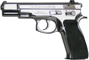 CZ 75B Semi-Auto Pistol 91108, 9mm, 4.7 in, Black Plastic Grip, High Polish Stainless Finish, 16 Rd, Fixed Sights